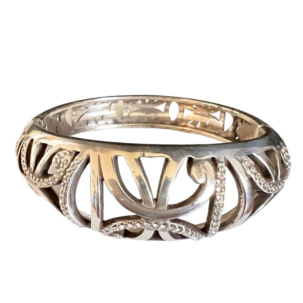 Brighton Silver T Rhinestone Scroll Swirl Butterfly Flower Hinge Bracelet 1351